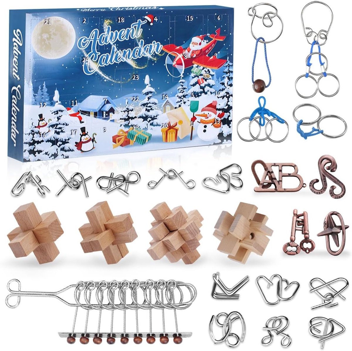 Adventskalender 2025 met metalen en 3D houten puzzels voor kinderen en volwassenen.
