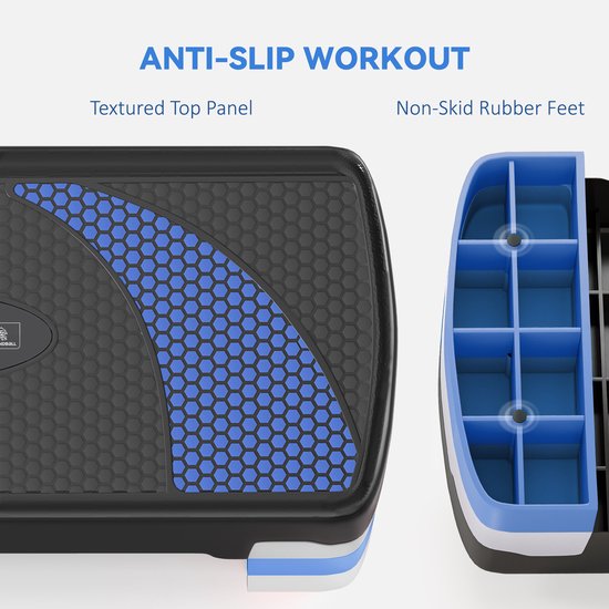 Close-up van de antislip textuur van een zwarte aerobic step met blauwe patronen en de onderkant met blauwe, verwijderbare onderdelen.