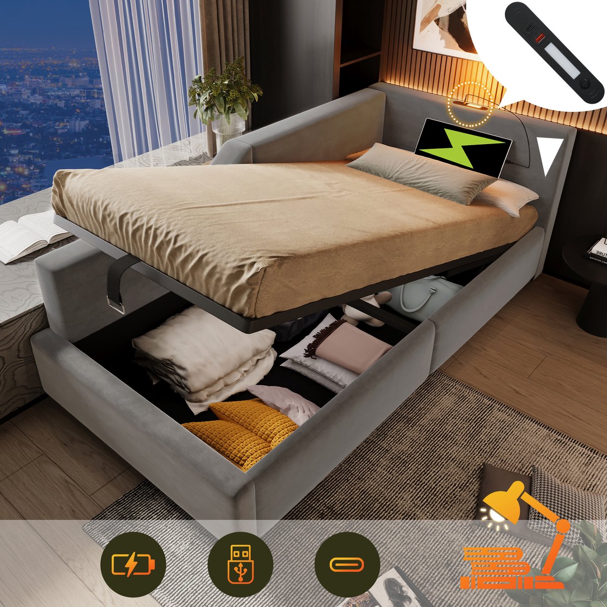 STILVORA Slaapbank 90x200 cm - Zetelbed met Opbergruimte en USB-C Oplaadfunctie - Fluweel - Grijs