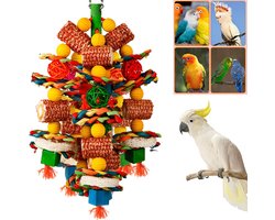 Vogelspeelgoed - Hangspeelgoed - Houten vogelspeelgoed - Papegaaienspeelgoed - vogelspeelgoed - Natuurlijke maïskolven en luffasnippers - Ontworpen om op te kauwen - Geschikt voor kleine en middelgrote papegaaien - Meerkleurig