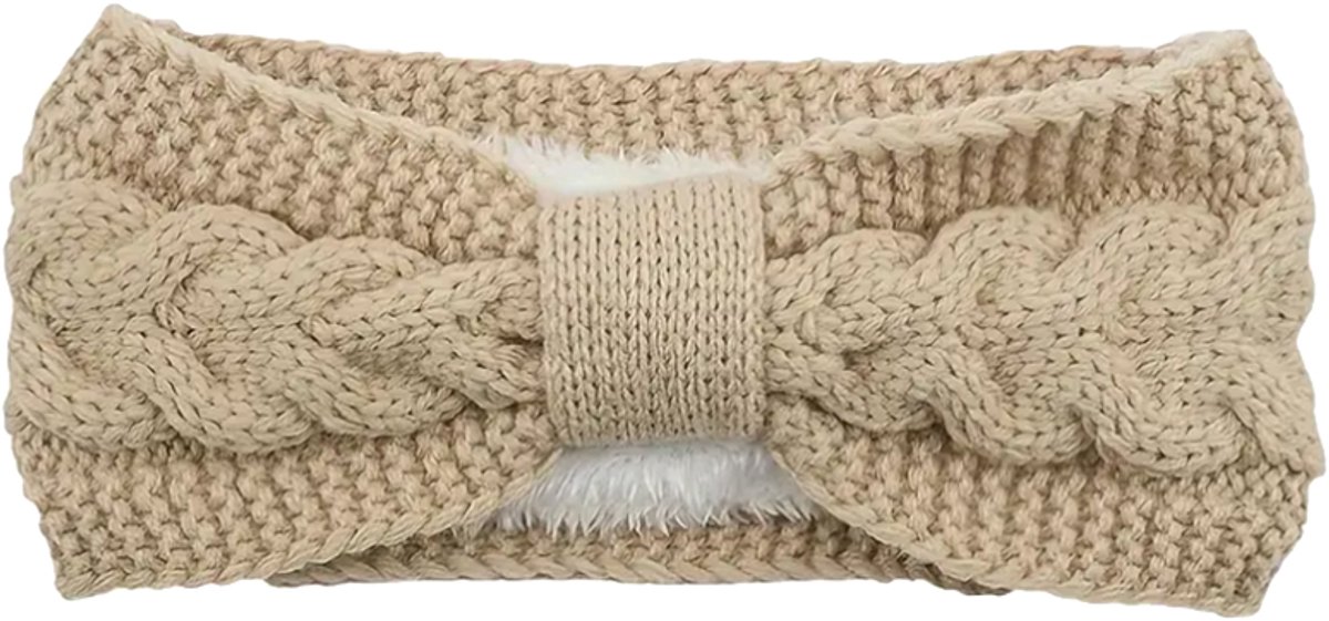 Khaki gebreide haarband dames met fleece binnenkant - zandkleurige hoofdband - one size - winterse haarband met strik - STUDIO Ivana