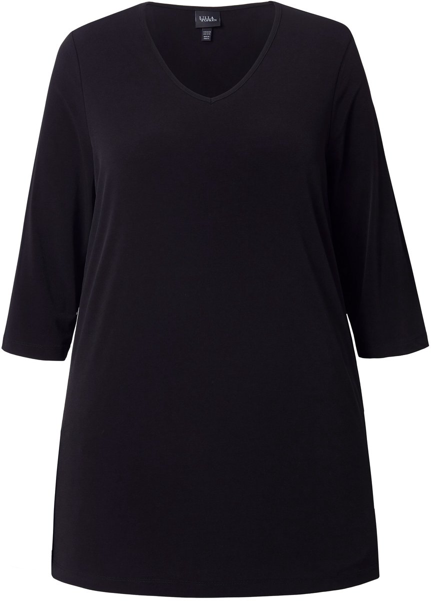 Ulla Popken - Dames - Longshirt A-lijn V-hals 3/4-mouwen - Zwart - Maat 66+