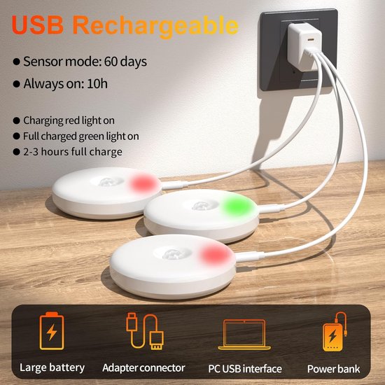 Draadloze LED Lamp met Bewegingssensor, Set van 6 Magnetisch, Dimbaar Trapverlichting, 8 LEDs USB Oplaadbare Kastverlichting voor Gang, Slaapkamer, Keuken, Kinderkamer, Energieklasse A van Tanou. — afbeelding 3