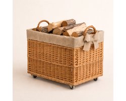 The Wicker Stories - Grote rieten opbergkist op wielen voor haardhout – naturel – jute voering – handgemaakt van natuurlijke wilg in Europa