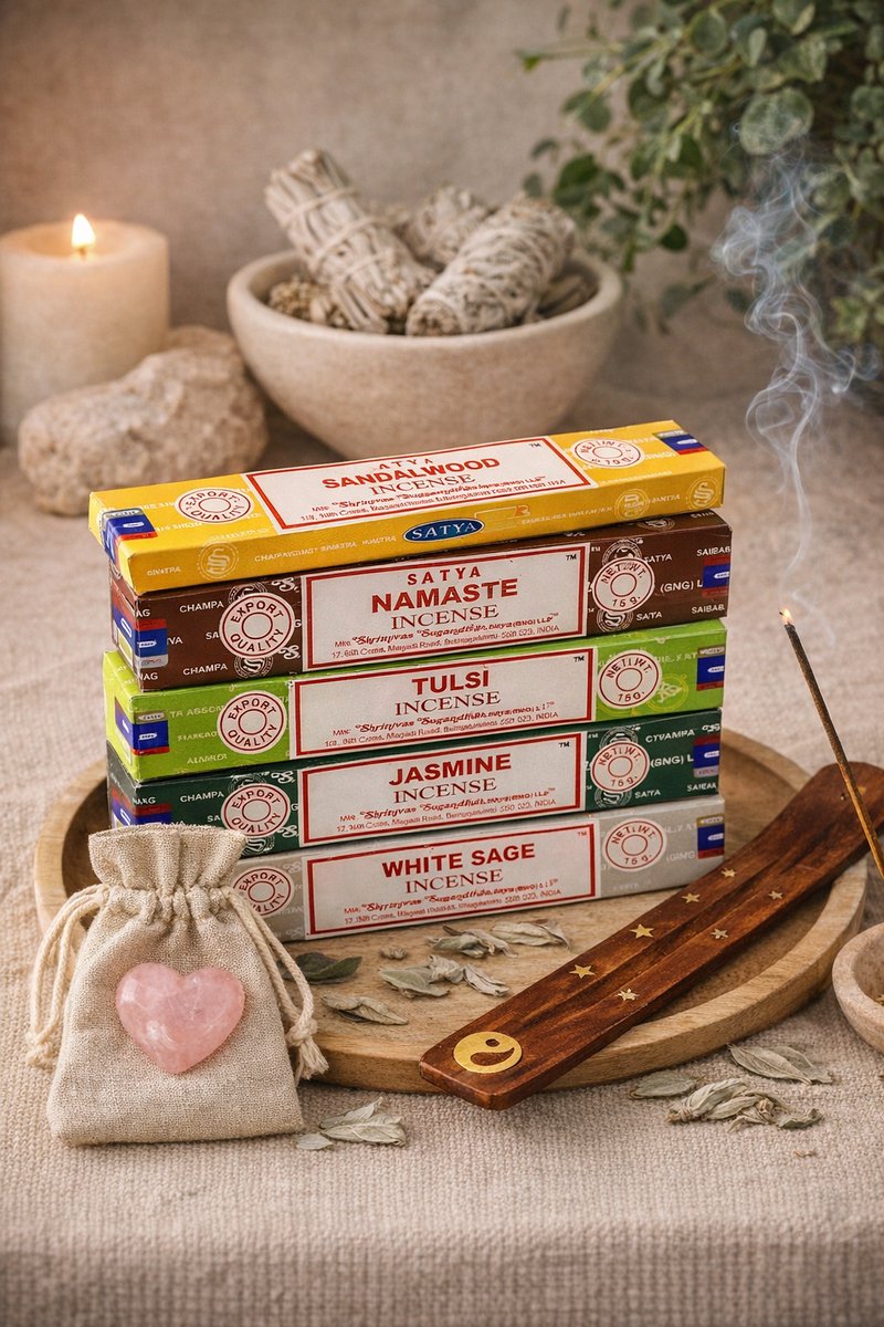 Satya Wierook Ritueel Set Balans & Rust – Yin Yang Wierookplank – 5 Geuren Wierookstokjes + Rozenkwarts Hartje in Linnen Zakje – Ontspanning & Selfcare Hout