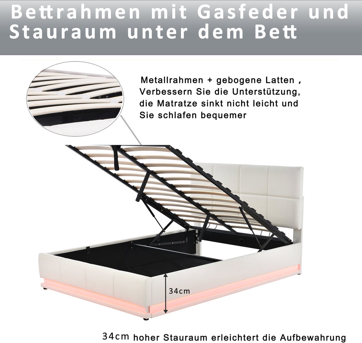 Merax Kunstleer Gestoffeerd Bed 140x200 - Tweepersoonsbed - Wit - Bed met Opbergruimte - Hydraulisch opklapbaar - LED Verlichting met Afstandsbediening - Inclusief lattenbodem