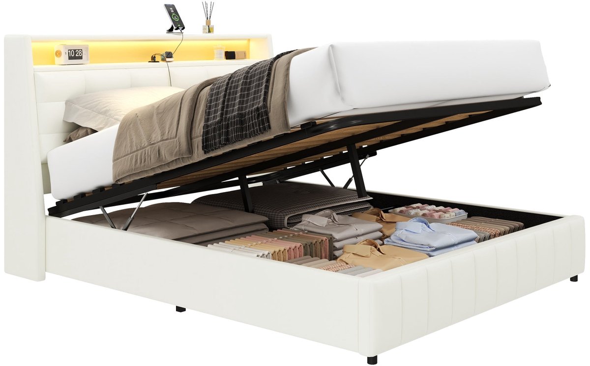 Merax Gestoffeerd Bed 160x200 - Wit - Kunstleer Gestoffeerd - Bed Met Opbergruimte Onder Het Bed - LED Verlichting In 7 Kleuren - USB Aansluiting - Verstelbaar Hoofdbordkussen - Inclusief Houten Lattenbodem