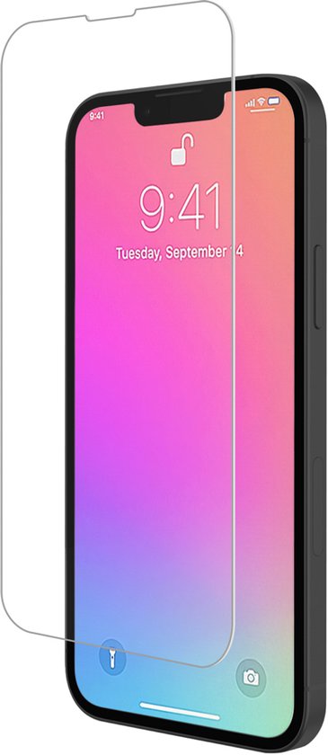 Een smartphone met een screenprotector ernaast op een witte achtergrond.