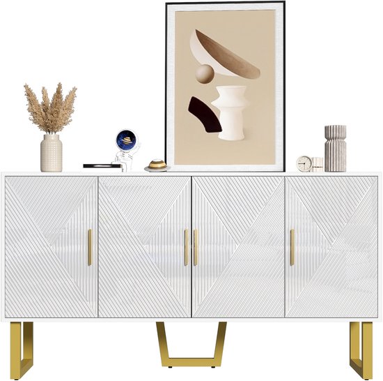 Dressoir - 150x40x82 cm - Luxe Hoogglans Dressoir Met 4 Deuren - Verstelbare Legplanken - MDF PB - Wit