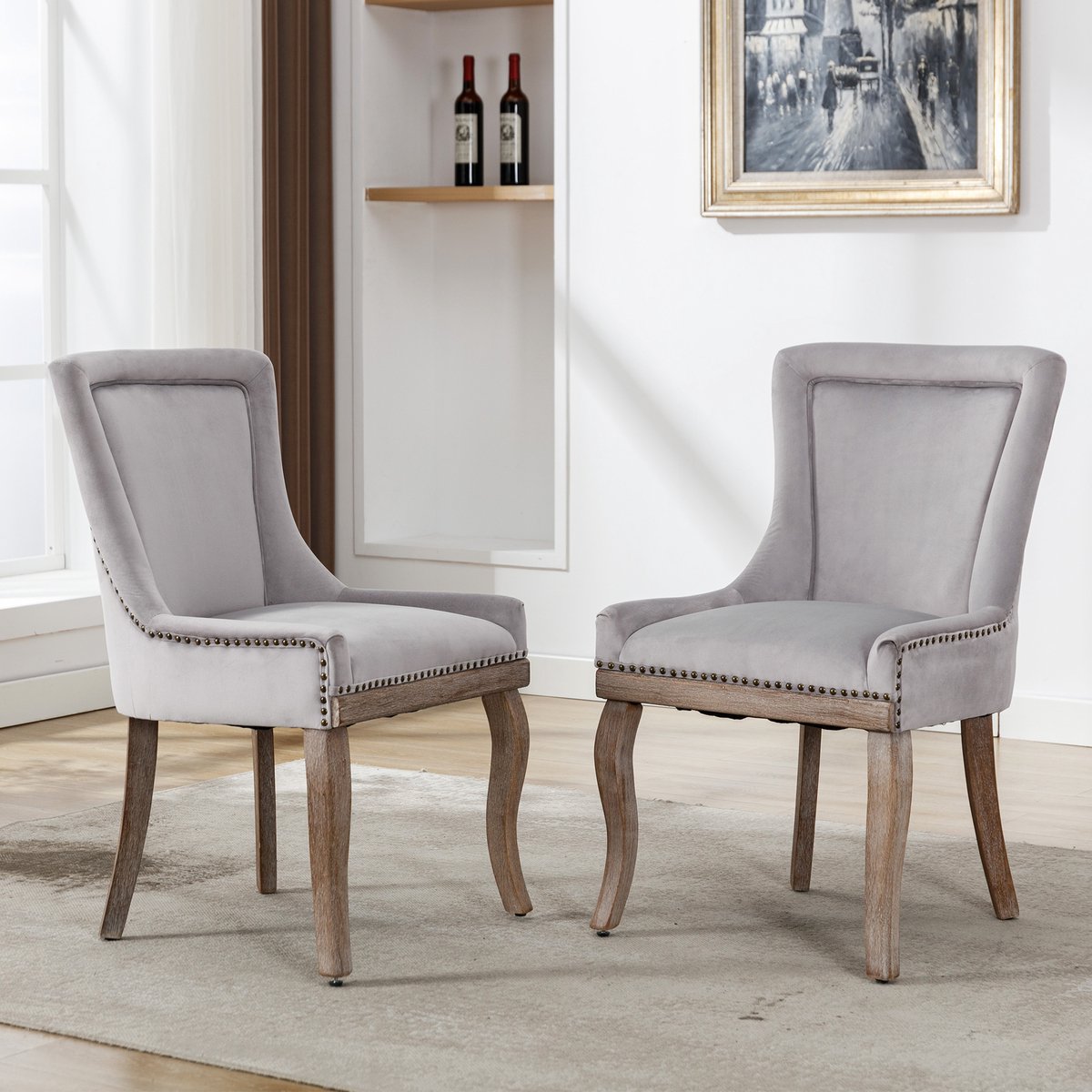 STILVORA Eetkamerstoel - Luxe Velours - Set van 2 - Met Fluweel Bekleding en Massief Houten Poten - Voor Eetkamer en Woonkamer - Grijs