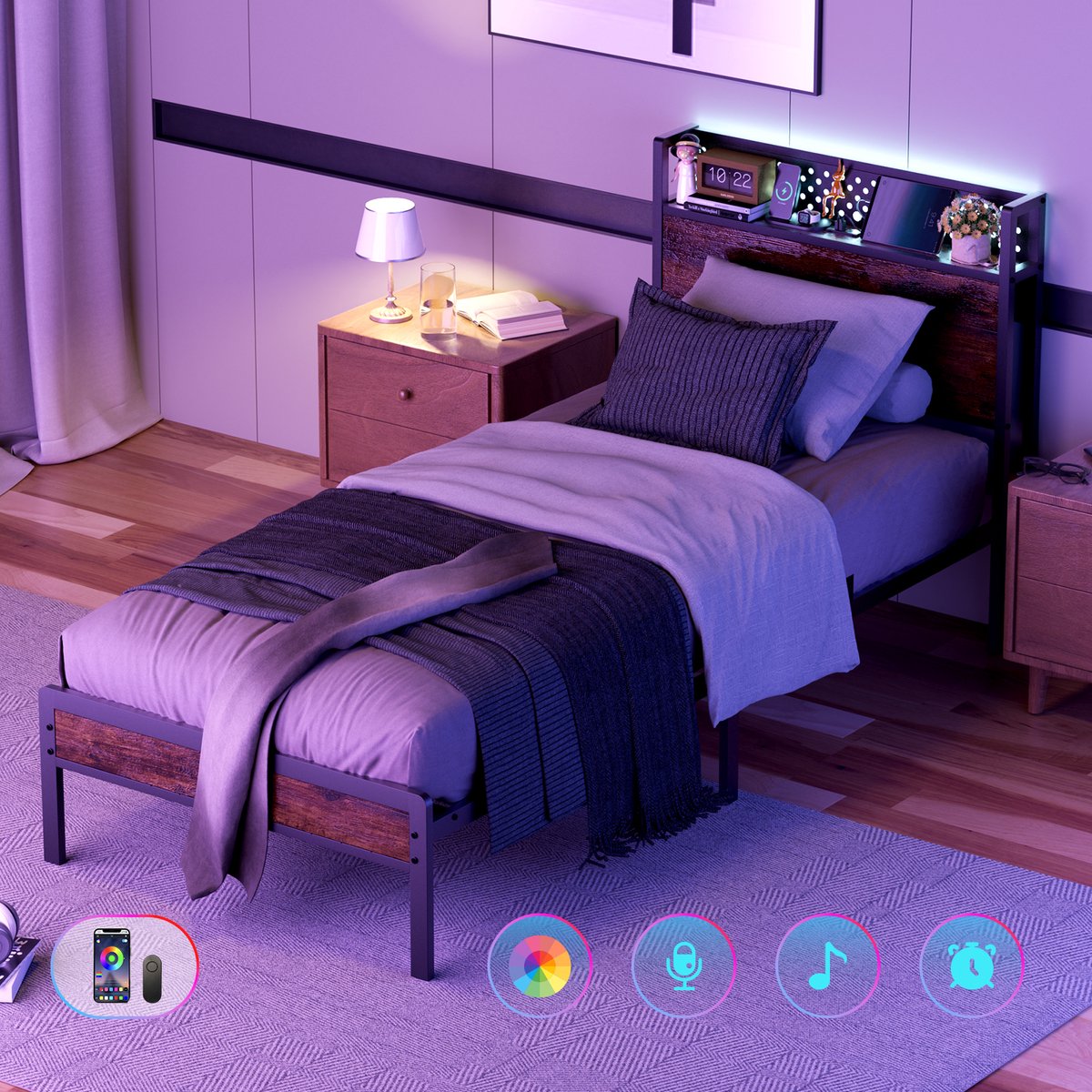 Auralum® Metalen Bedframe 90x200 cm - Eenpersoonsbed Met LED Verlichting - Stopcontacten - USB Poorten - Type C - Hoofdbord met Opbergruimte - Voor 1 persoon