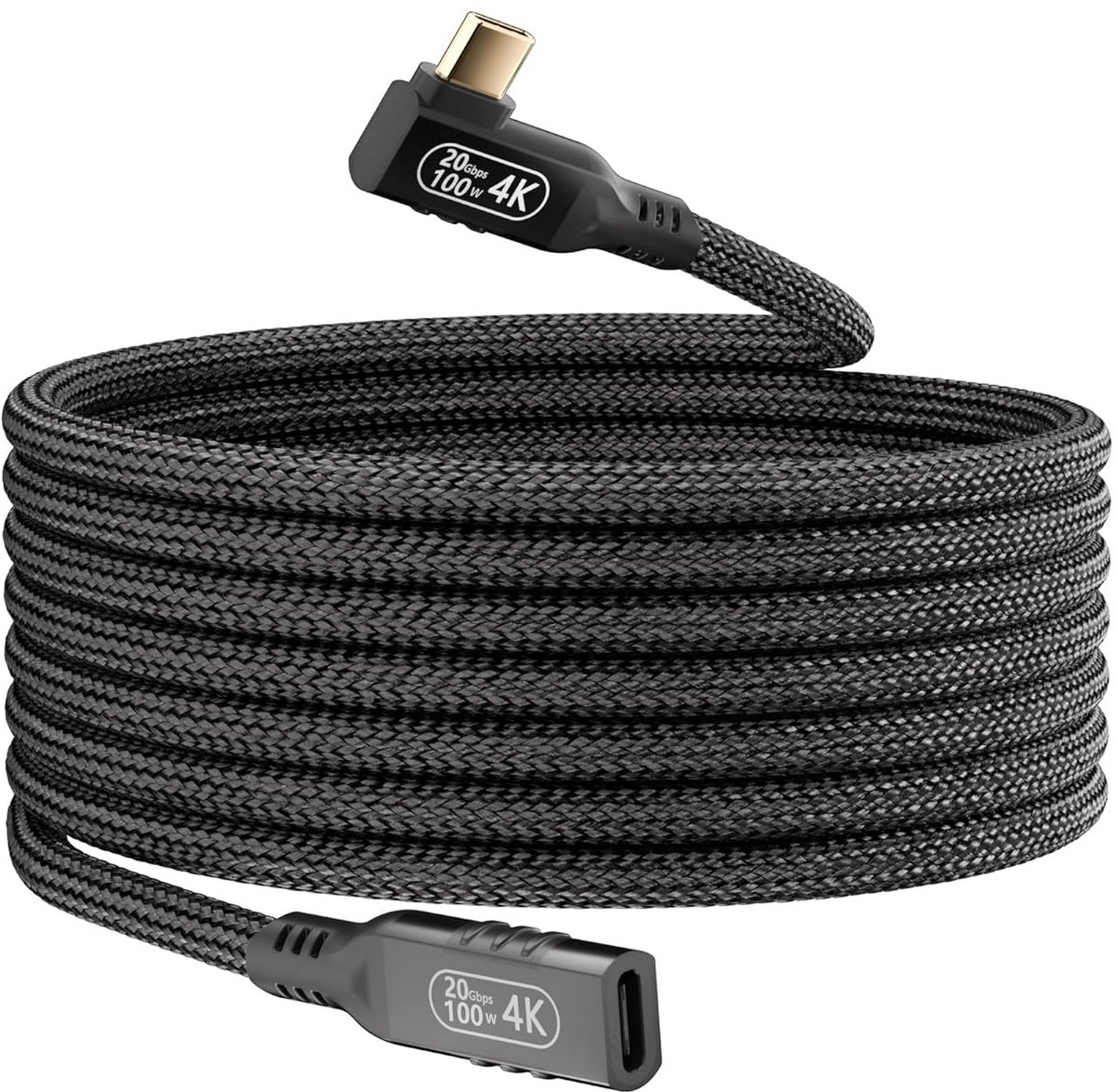 USB-C Verlengkabel 5m met 20 Gbps Gegevensoverdracht en 100W Opladen - Type C Nylon Gevlochten 90 Graden