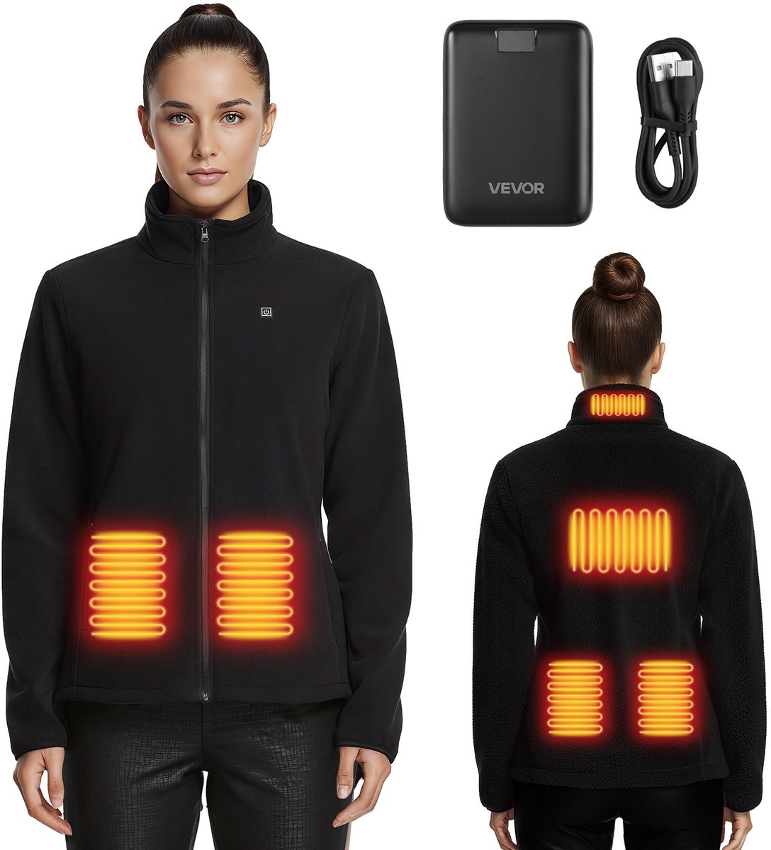 VEVOR Verwarmde Fleece Jas voor Dames Verwarmde Jas met 7 4V 16000mAh Oplaadbare Powerbank 6 Verwarmingszones 3 Temperatuurinstellingen 3/6/10 Uur Warmte voor Winterse Outdoor Camping Zwart
