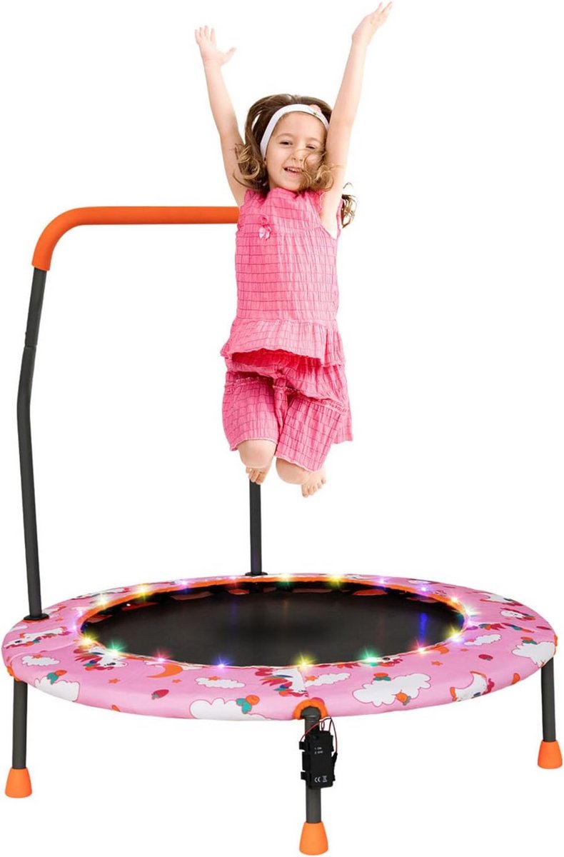 Kindertrampoline met LED-verlichting - Mini trampoline voor binnen met handvat en veiligheidskussen voor kinderen