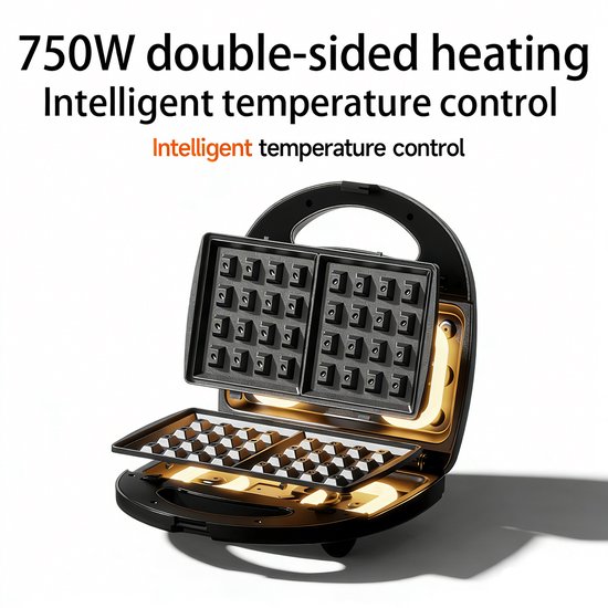 Tosti apparaat-Contactgrill met uitneembare platen-Contactgrill-Maakt twee sandwiches - wordt geleverd met 3 verwijderbare antiaanbakplaten - 750 watt - PFAS niet inbegrepen-Perfect voor het maken van sandwiches, wafels, hamburgers en steaks. — afbeelding 3