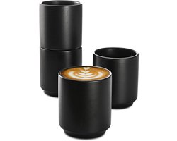 Cappuccino Mokken Set van 4 - Zwarte Keramiek - Stapelbaar Ontwerp - Geschikt voor Latte Art - 200ml