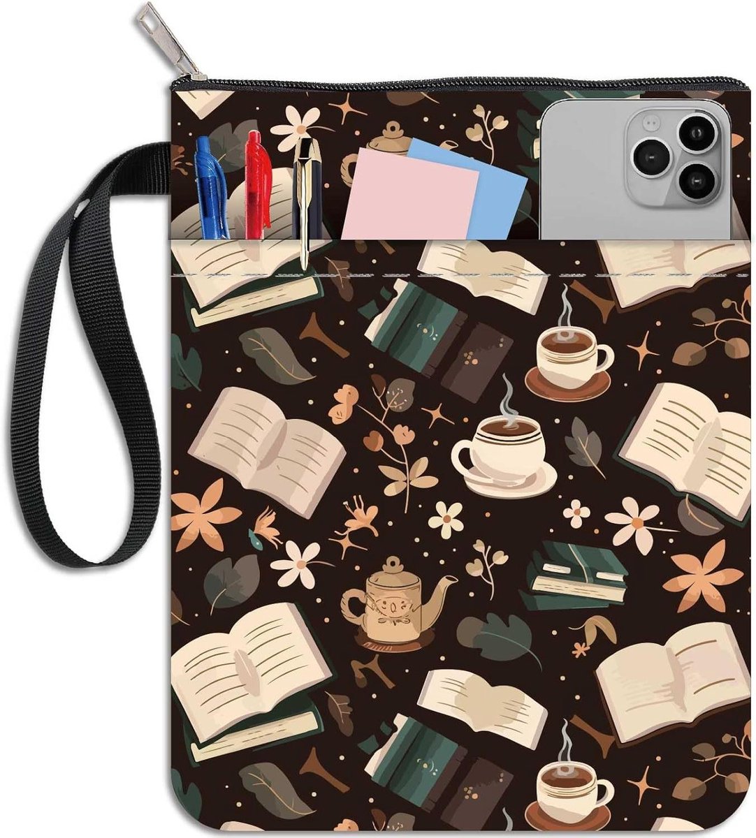 CSGoods - Boekhoes Tas met Rits en Extra Mouwen - Vintage Design - Koffiekop Patroon - Wasbare Doek Protector - Voor Paperbacks en Notebooks - Stoffen Pocket met Bloemmotief