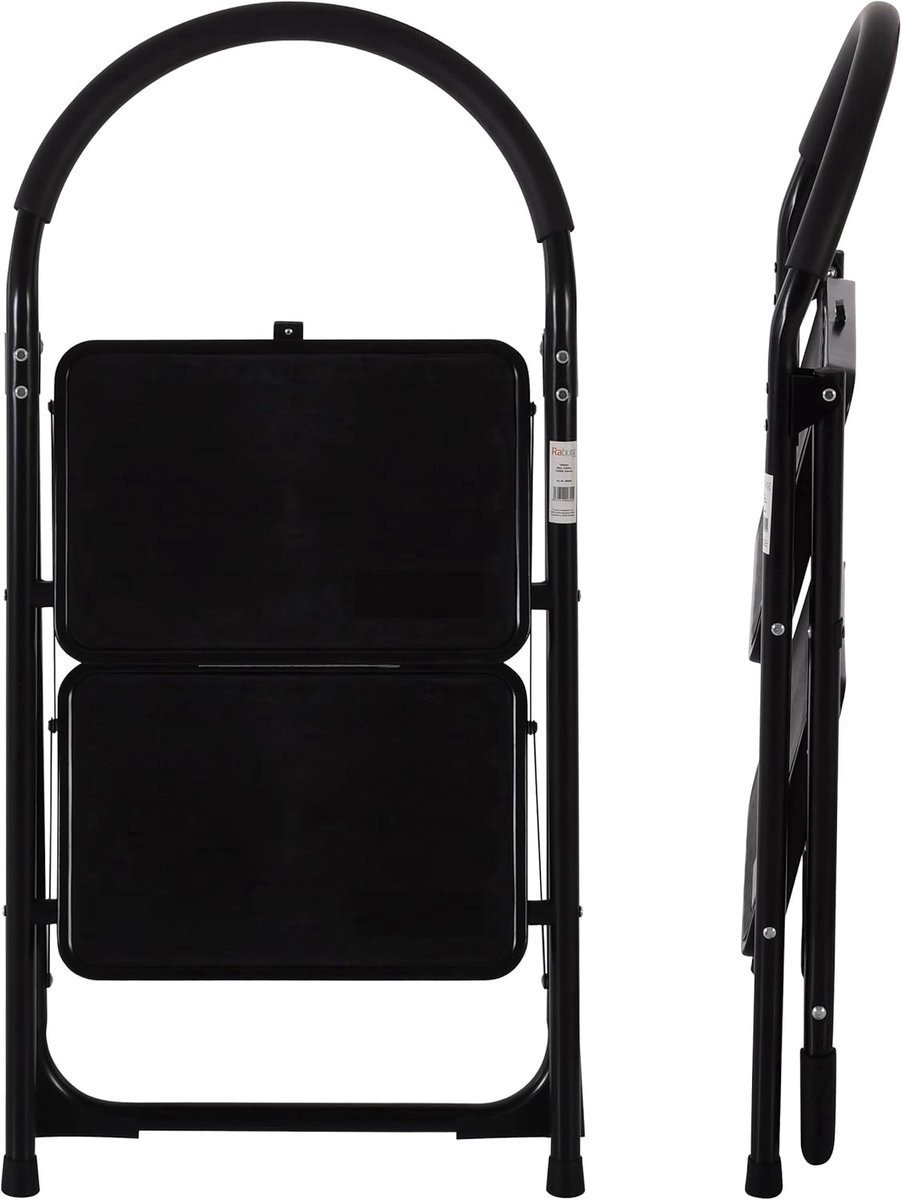 Borvat® – Inklapbare stalen trapladder met 2 treden – Antislip & stabiele huishoudtrap – Compact ontwerp – Zwart – foto 2