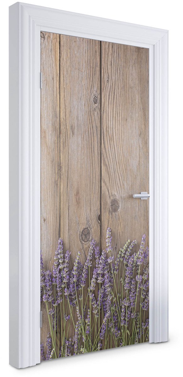 Wallfluent Deursticker - Lavendel op hout Deurbehang - 95 x 205 cm - Bruin Deurposter - Moderne Deur Sticker - Imitatietextuur Deur Sticker - Deursticker voor de Woonkamer - Deurbehang Sticker