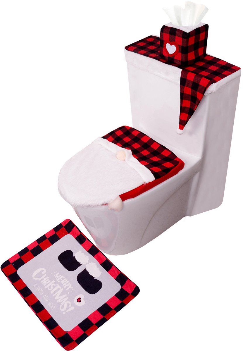 Mmgoqqt 1-Delige Kerstman-Zonder-Gezicht Ruitpatroon Wc-Bril-Hoes - Rood-Wit - Anti-Rutschig Wasbaar Badkamer Kerstdecoratie
