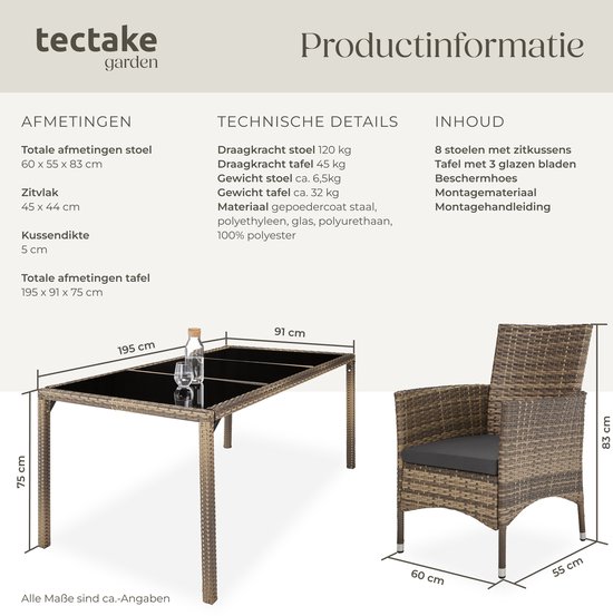 tectake® Tuinset Almansa - Tuinmeubelset voor 8 Personen - Wicker ...