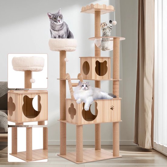 PawHut Kattenboom 92 Cm – Met Sisalkrabpaal, Speelbal, Ligplatform, Geschikt Tot 5 Kg, Donkergrijs En Roomwit