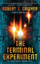 Boekcover van 'The Terminal Experiment' van Robert J. Sawyer. Een oranje, geel en wit licht gloeit op een blauwe achtergrond van computercircuits. De titel 'The Terminal Experiment' staat in oranje letters op de voorgrond.