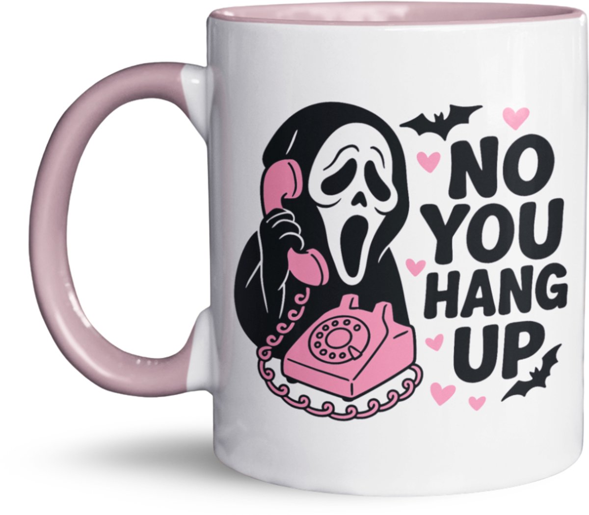 No You Hang Up Horror Mok – 325 ml Keramische Koffiemok met Schattige Slasher Cartoon, Roze Telefoon & Hartjes – Grappige Mok voor Horror Fans, Halloweenliefhebbers & Koppels met Zwarte Humor – Vaatwasser- en Magnetronbestendig – Perfect Cadeau