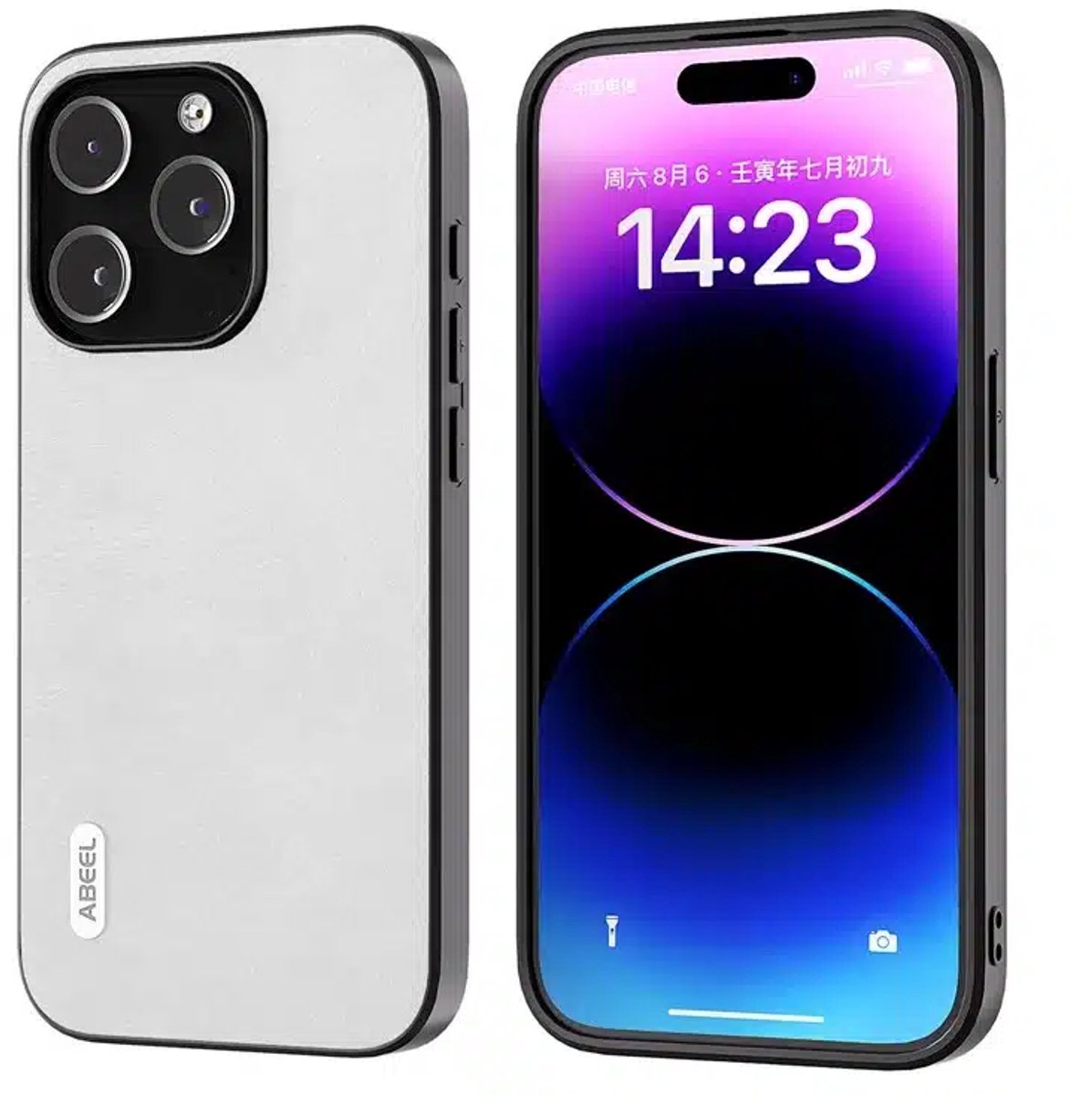 ABEEL - Backcover iPhone 15 Pro - Cowhide Leather+PC+TPU - Litchi - Anti-Scratch - Wit