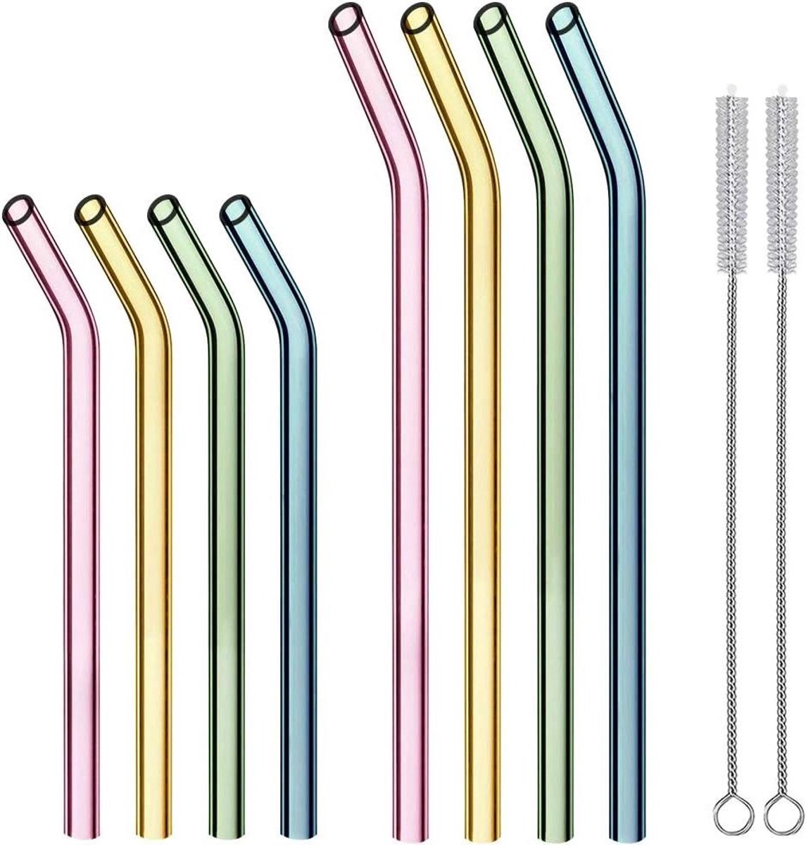 CSGoods - 8 Delige Herbruikbare Glas Rietjes met 2 Borsteltjes - Milieuvriendelijke Gekleurde Gebogen Rietjes (4 Lang en 4 Kort) voor Bekers 20/30 Oz, Glas Rietjes ter Voorkoming van Tandverkleuring.