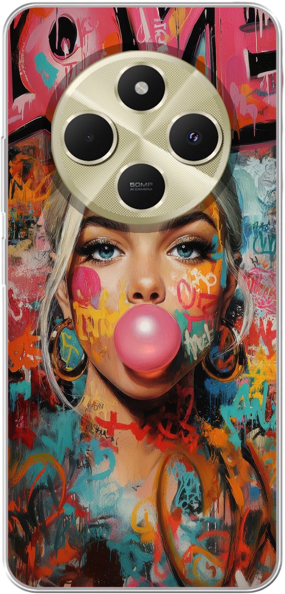 Telefoonhoesje Geschikt voor Xiaomi Geschikt voor Redmi 14C hoesje - Vrouw - Kauwgom - Graffiti - Love - Siliconen Telefoonhoesje Telefoonhoesje