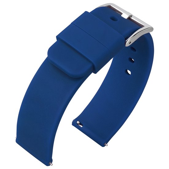 Blauw rubberen horlogebandje met zilverkleurige gesp.