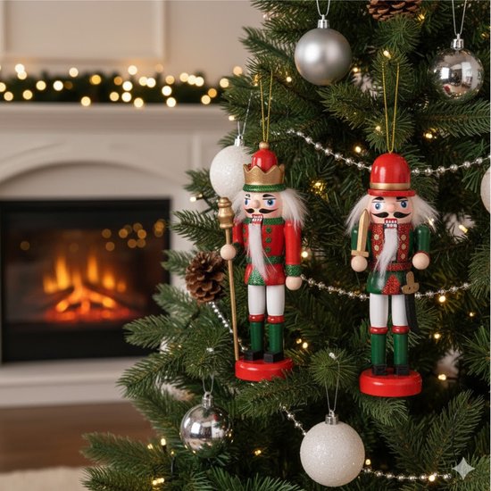Notenkrakers kersthangers - 3x - rood/groen - 12 cm - poppetjes/soldaten - kerstversiering