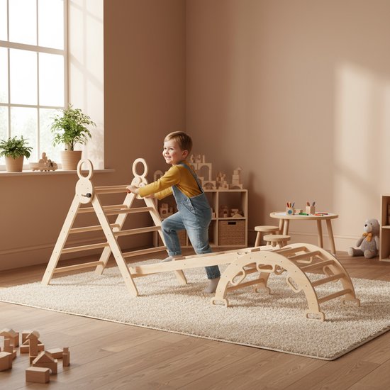 Deryan Luxe Opvouwbare Driehoek met Klimboog en Helling met Klimrek/Glijbaan - Montessori Meubels Houten Speelgym van Deryan — afbeelding 3