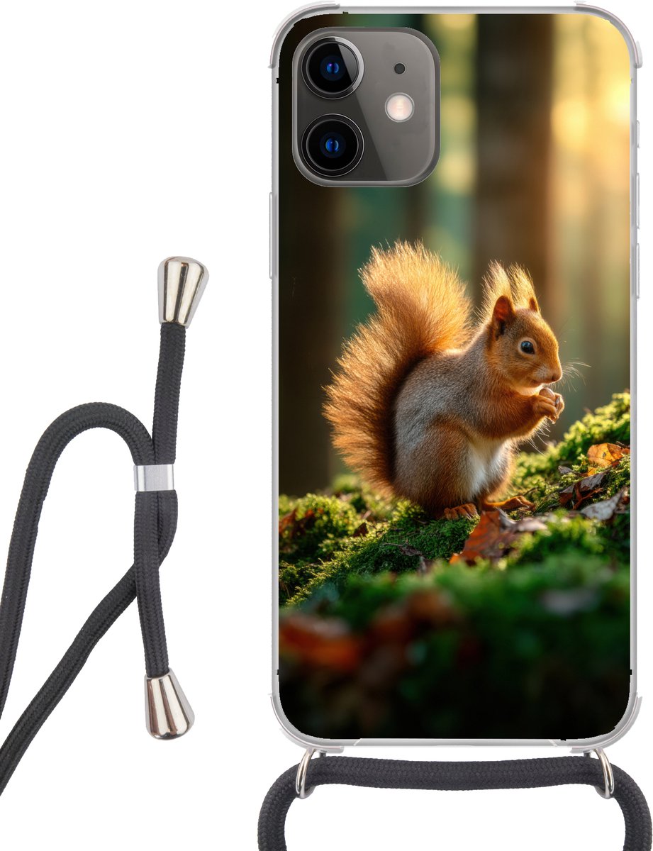 Telefoonhoesje Geschikt voor iPhone 12 - Eekhoorn - Nootje - Gras - Siliconen - Crossbody - Backcover met Koord - Telefoonhoesje met koord - Hoesje met touw Telefoonhoesje