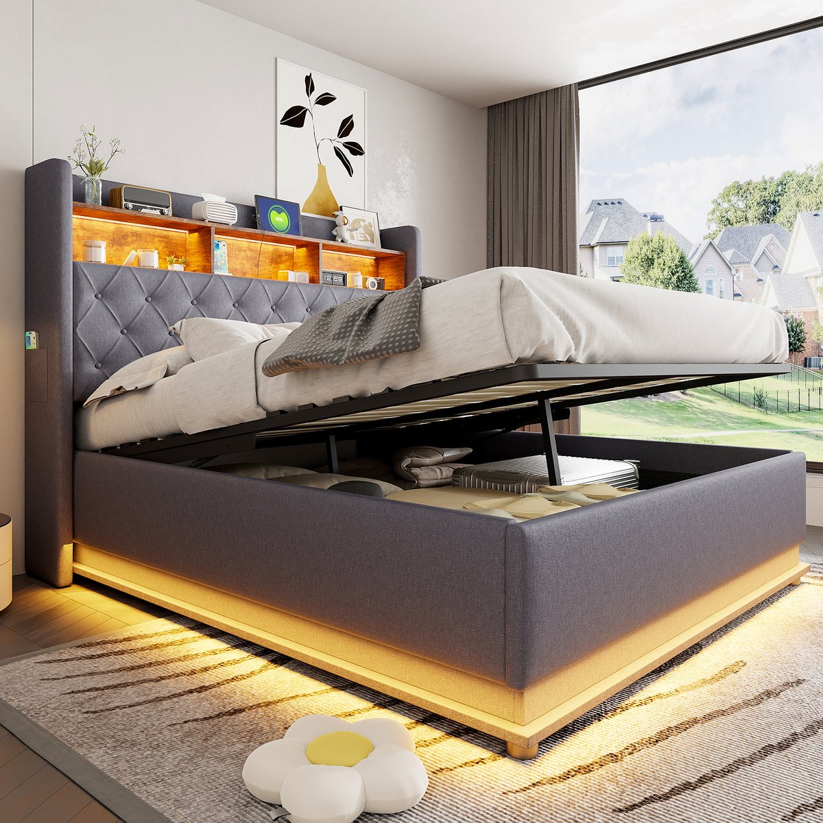 Polsterbed 160x200 cm - 250 kg Laadvermogen - 21-23 cm Aanbevolen Matrasdikte - 12 Latten - Meerkleurige LED - USB-poort - Hydraulische Opbergruimte