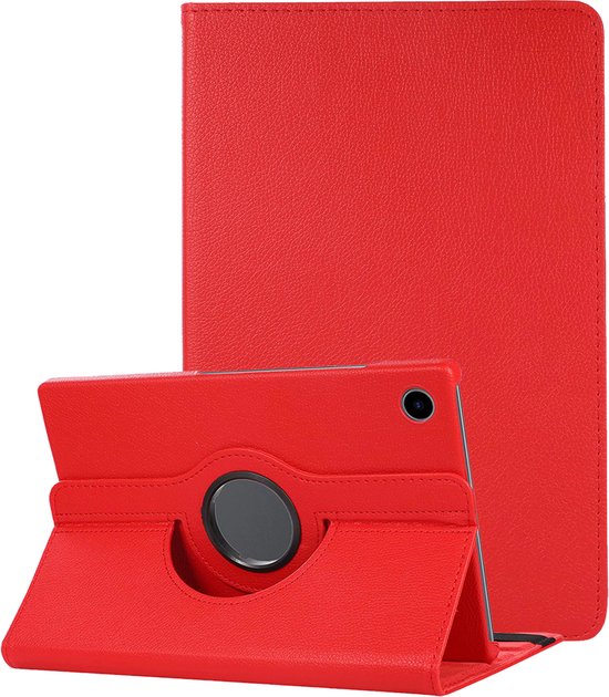 Étui pour tablette rouge en position ouverte et fermée, avec support rotatif à 360 degrés.