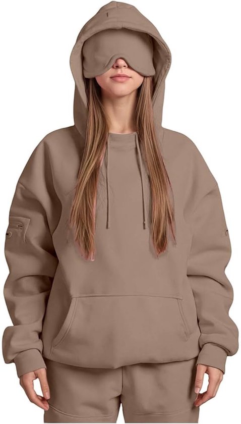 Sweat à capuche automne/hiver - Sweat de voyage/avion - Nouveautés 2025 - Avec masque intégré - Coupe ample, couleur unie - Unisexe - Idéal pour les voyages d'affaires, les voyages et les vacances - Marron, Taille XXL