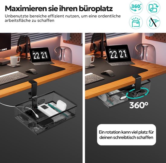 Onderbureau-lade – 360° Draaibaar, Onzichtbare Organizer, Klembevestiging, Metaal Gaas, Inclusief Kabelclips