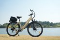 Lichtbruine elektrische fiets met zwarte details, bagagedrager en water, staand op gras.