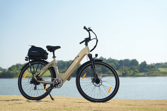 Lichtbruine elektrische fiets met zwarte details, bagagedrager en water, staand op gras.