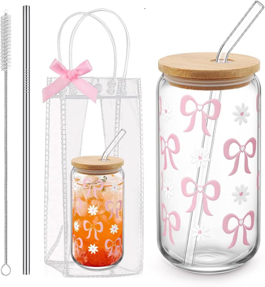 Beker met strik en geschenkzak, 500 ml ijskoffie smoothie, bierglas