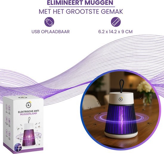 Een lila muggenlamp met witte bovenkant in een kartonnen doos met de tekst 'Elektrische Anti Muggenlamp'.