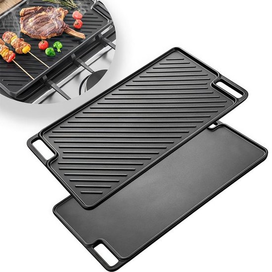 KZQ Grillpan - geschikt voor gas- en inductiekookplaten - 45,5 x 26 cm, dubbelzijdig ontwerp, perfect voor grillen, kamperen en tuinieren.