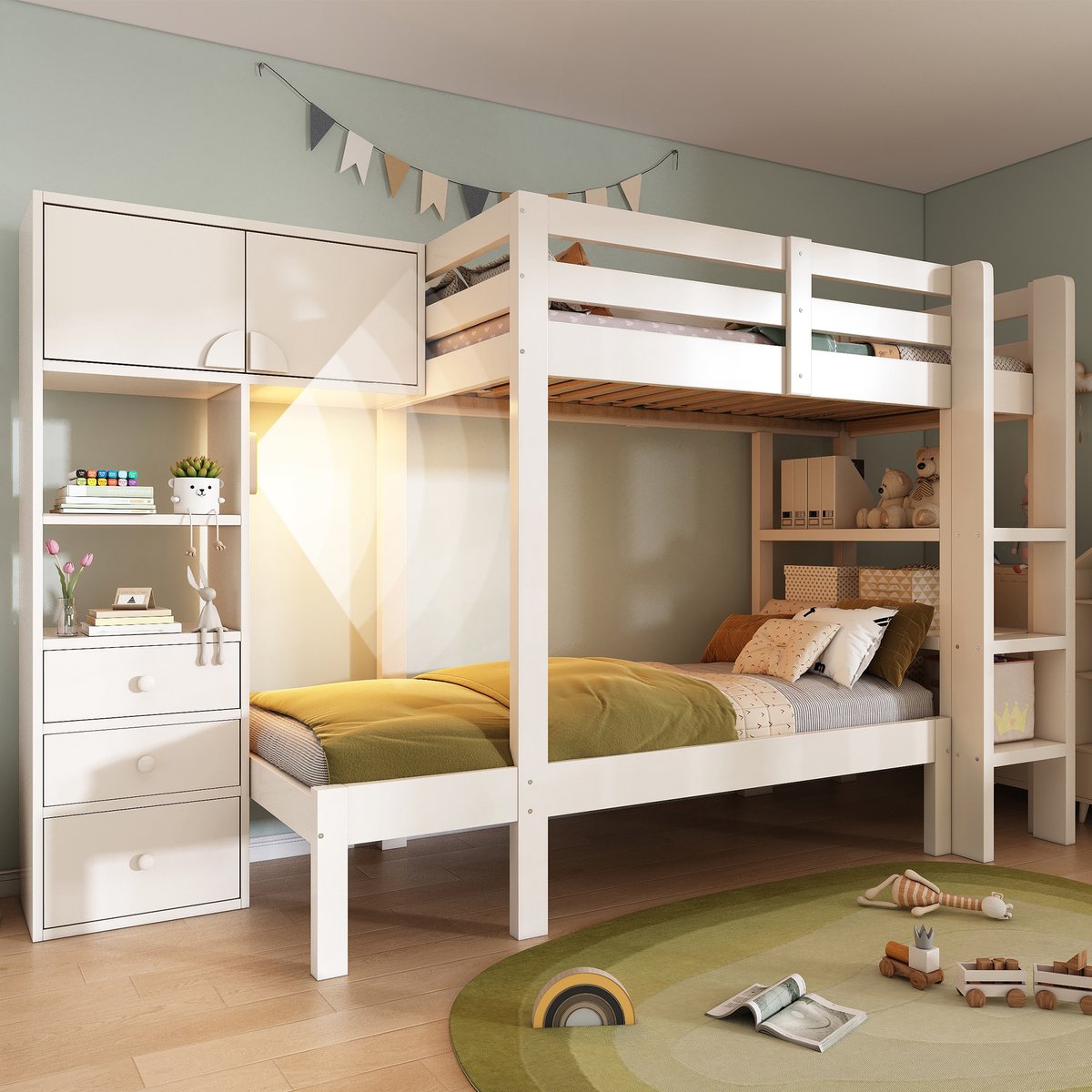 STILVORA Stapelbed 90x200 cm – Versprongen Met LED-Nachtlamp Met Bewegingssensor – Met Opbergruimte (Kasten & Lades) – Metaal+Hout – Wit – Zonder matras