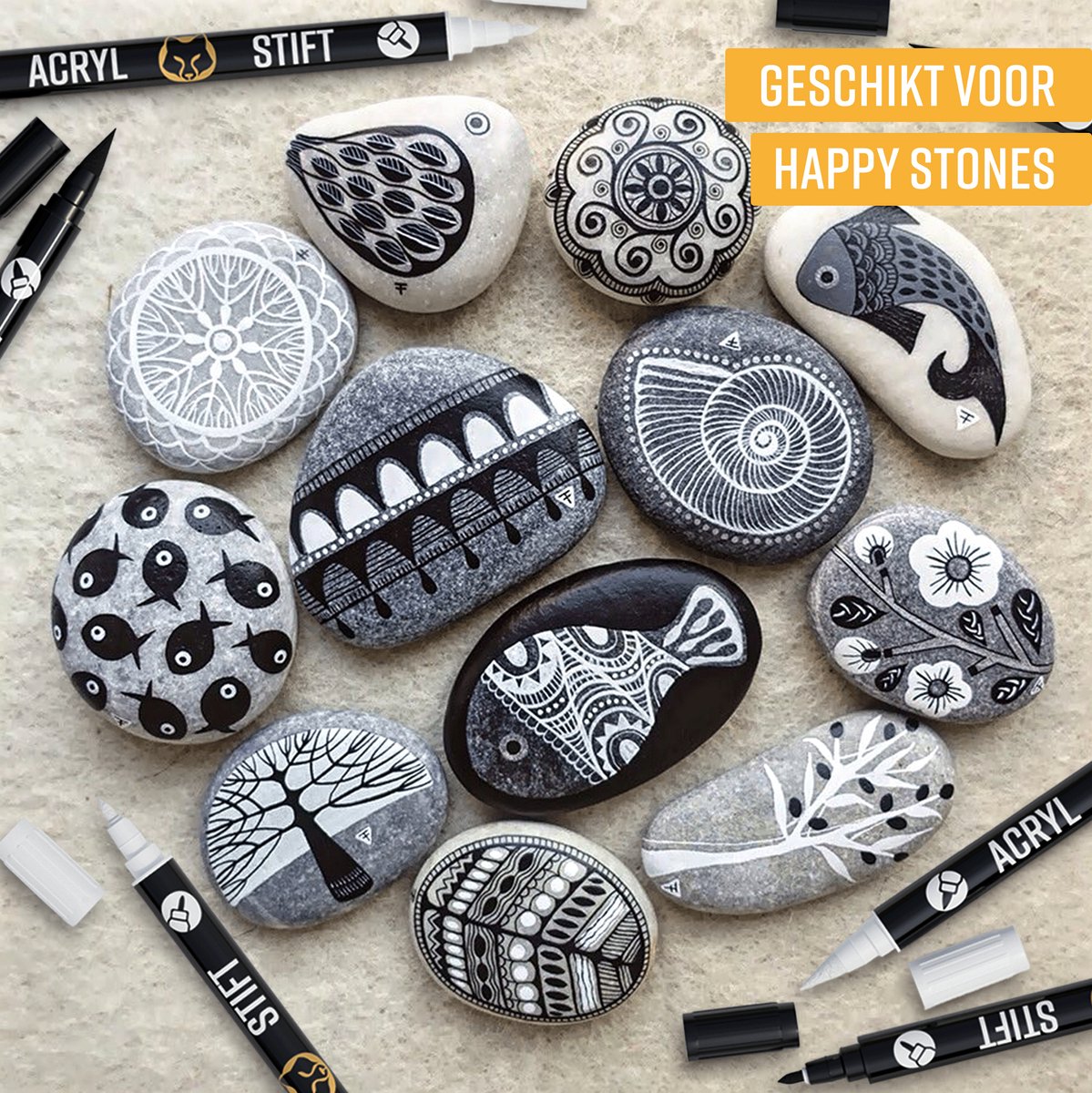 Napi Acrylstiften 6st Zwart/Wit - Brush en Fine Tip Twinmarkers - Verfstiften Happy Stones - Stenen Schilderen met Acryl Verf Marker Stiften - Volwassenen en Kinderen — afbeelding 6