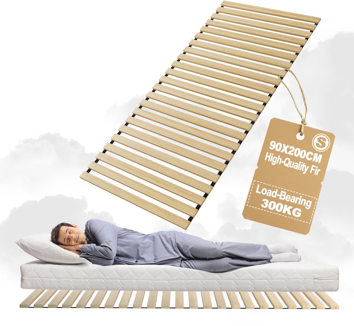 Aufun Vouwbare Lattenbodem Bedframe 90x200cm – Cedrus & Douglas Fir Hout – 23 Latten 2cm Dik | Zwarte Elasticband – 300kg Max Draagvermogen