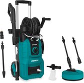 Turquoise hogedrukreiniger met diverse accessoires: spuitmonden, schuimsproeier, terrasreiniger.