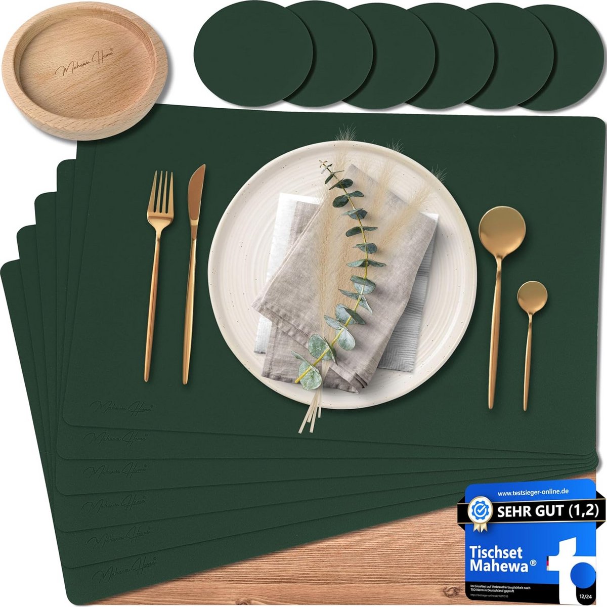 Set van 6 afwasbare placemats van imitatieleer met houten houder