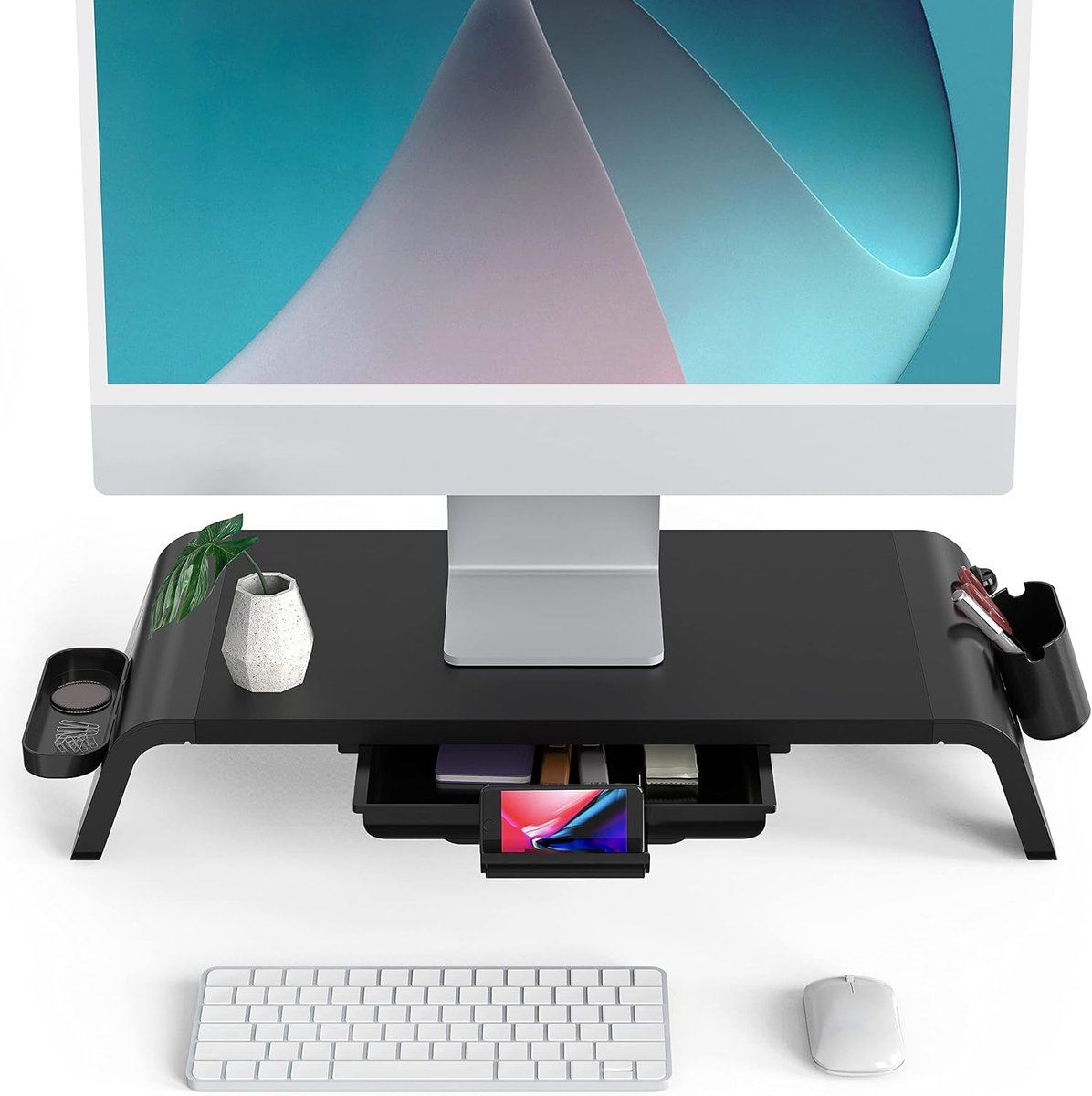 Famanu Houten monitorstandaard met lade - bureauverhoger voor monitor - laptop of printer - geïntegreerde telefoonhouder - stevig ontwerp met hoog draagvermogen - zwart - 52 x 23,5 x 8,9 cm